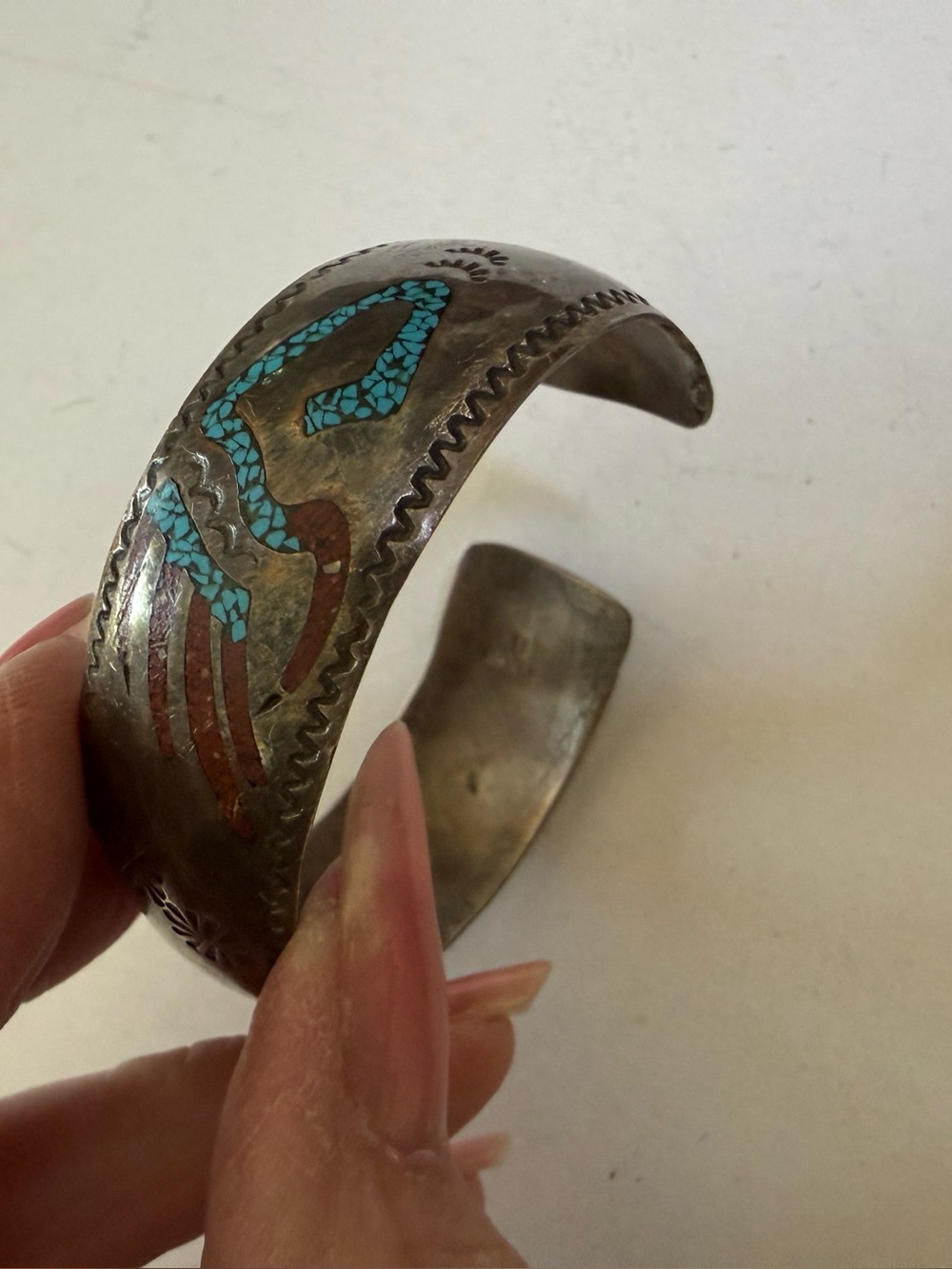 ZUNI  BENNIE BOWKATY Sterling Cuff bracelet w/ Turquoise & Coral inlaid Design
